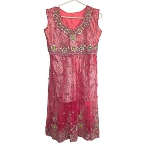 Pink Indian Anarkali Suit Rhinestone Beaded Sleeveless Formal Dress Size 10